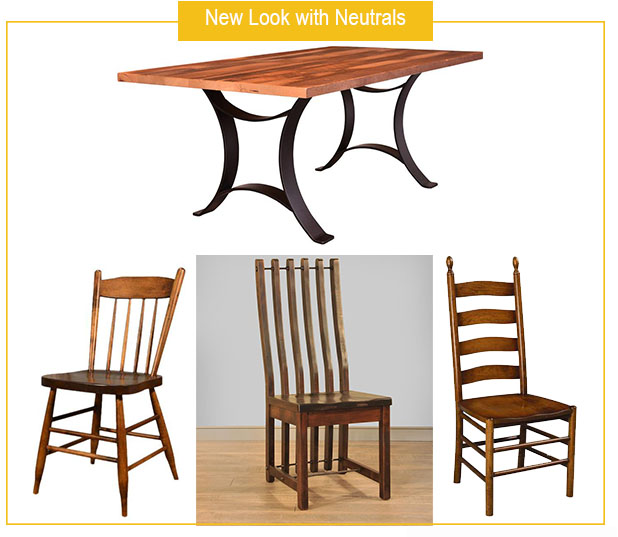 Reclaimed Golden Gate Dining Table with Ruff Sawn Turnbuckle and Farmhouse Dining Chairs, and Shaker Ladderback Chair