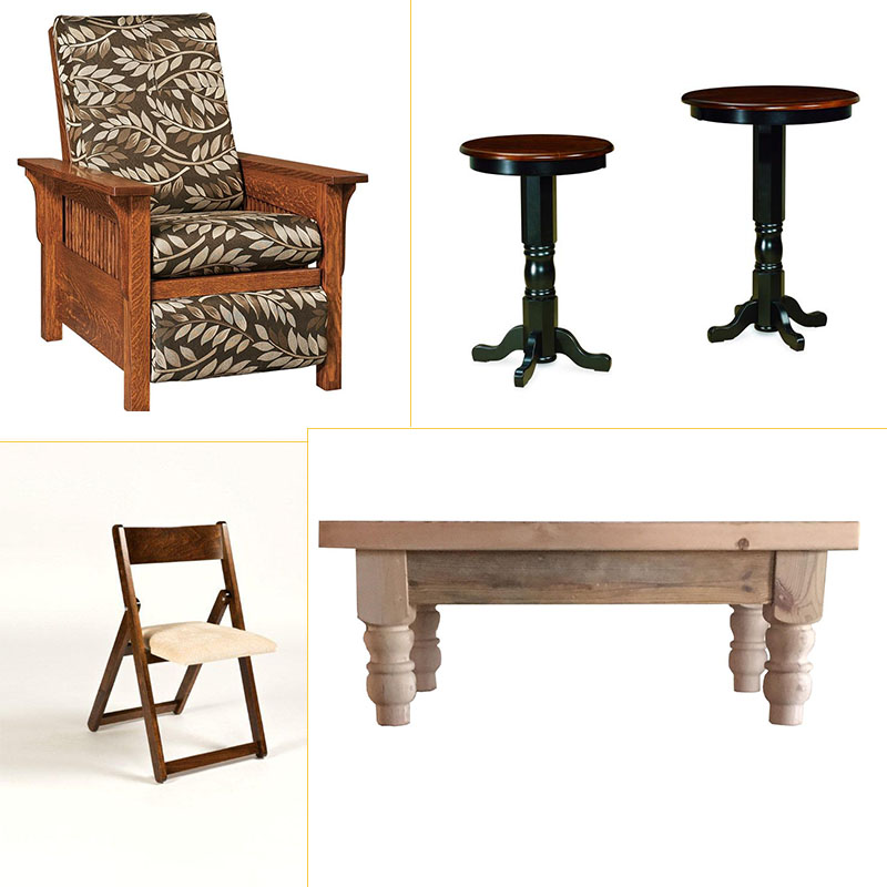 Amish Elba Recliner, Amish Bistro Table, Amish Folding Dining Chair, and Rustic Barn Wood Coffee Table