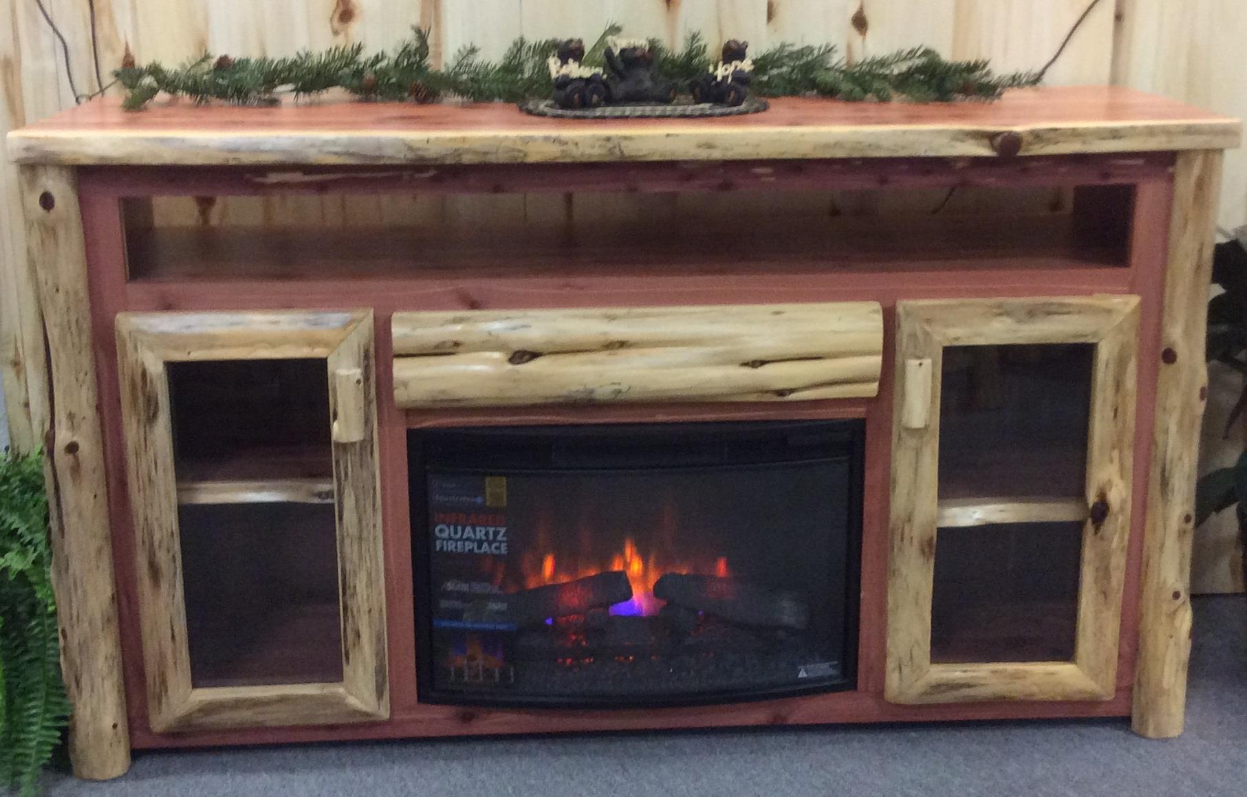 Rustic Log TV Cabinet with Electric Fireplace