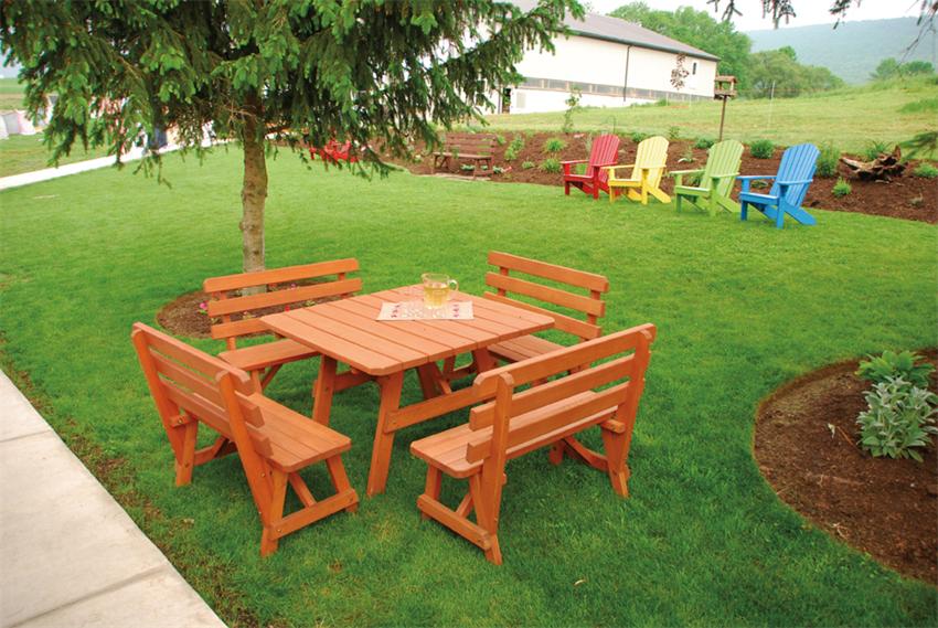 Amish Pine Wood 43" Square Table with 4 Backed Benches