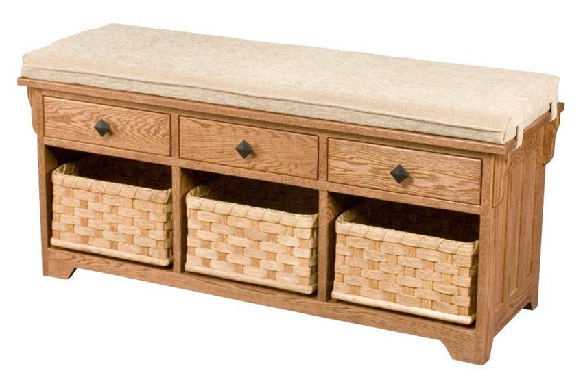 Amish Lattice Weave Storage Bench with Drawers and Baskets