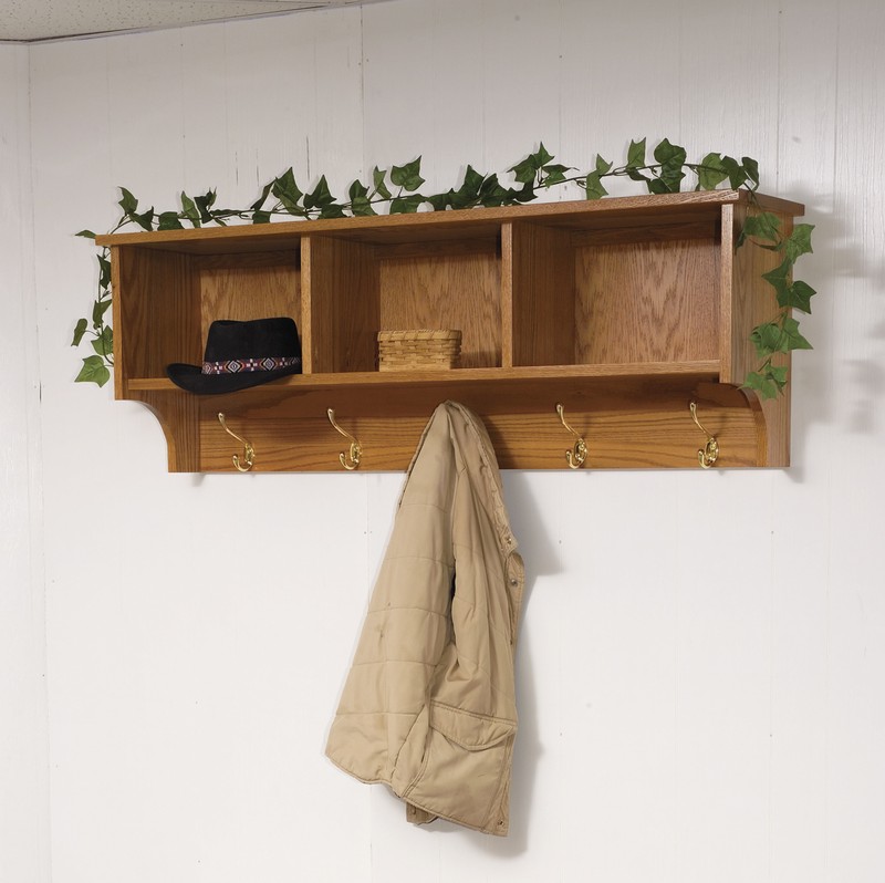 Amish Traditional Hanging Wall Shelf with Storage and Coat Hooks