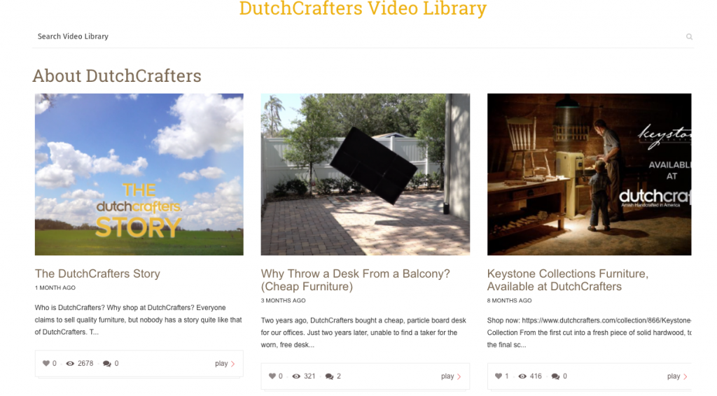DutchCrafters Video Library Page Screenshot