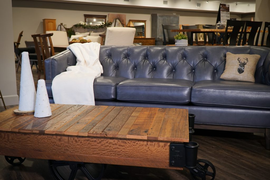 Emma Sofa, Urban Factory Barn Cart, and Jasper Chair decorated for the holidays