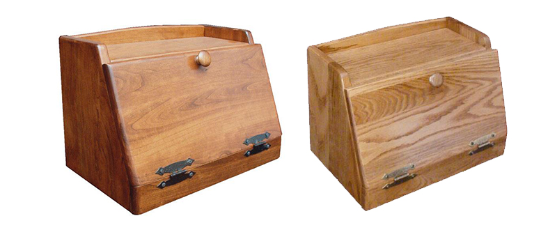 Amish Made Bread Box with Bottom Hinge shown in cherry and oak