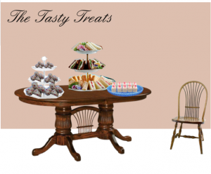 The Tasty Treat Tea Time Table with scones, petit fours and savory sandwiches.