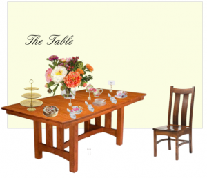 Tea table with teacups, serving dishes, floral arrangement, and napkins.