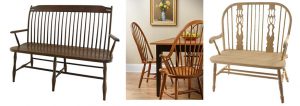 Classic Birdcage Amish Bench, Maple Windsor High Back Chair and Amish Cottage Fiddle Back Windsor Bench. 