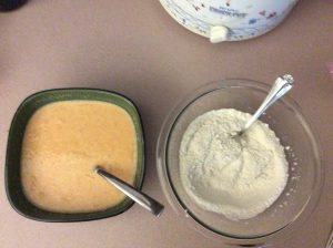 Wet and dry ingredients for Amish Homemade Pumpkin Pancakes