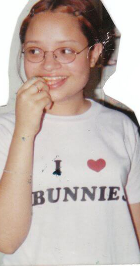 Me wearing a shirt that says "I Love Bunnies."