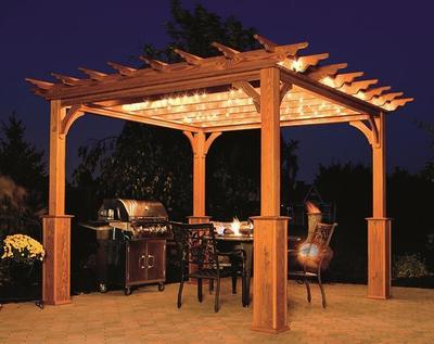 Cedar pergola with lights.