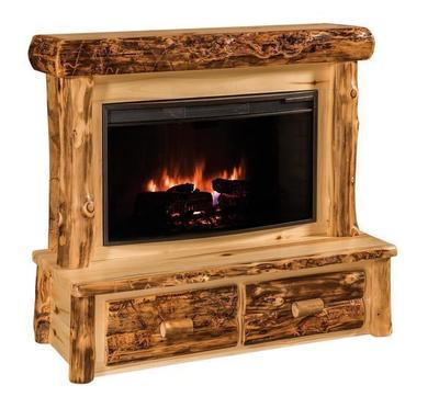 Amish Rustic Log Fireplace with Mantel and Drawers
