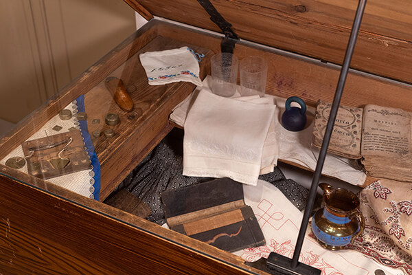 Inside an antique Mennonite Dowry Chest displayed at Kauffman Museum in North Newton, KS