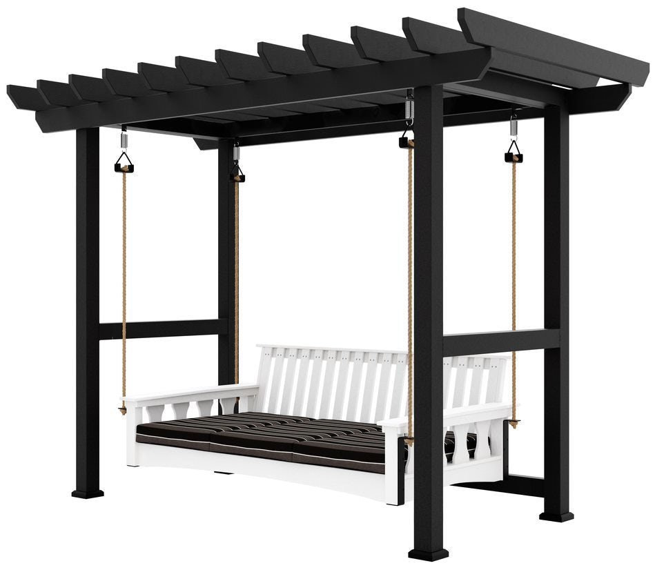 Amish-made poly swing bed hanging from outdoor pergola