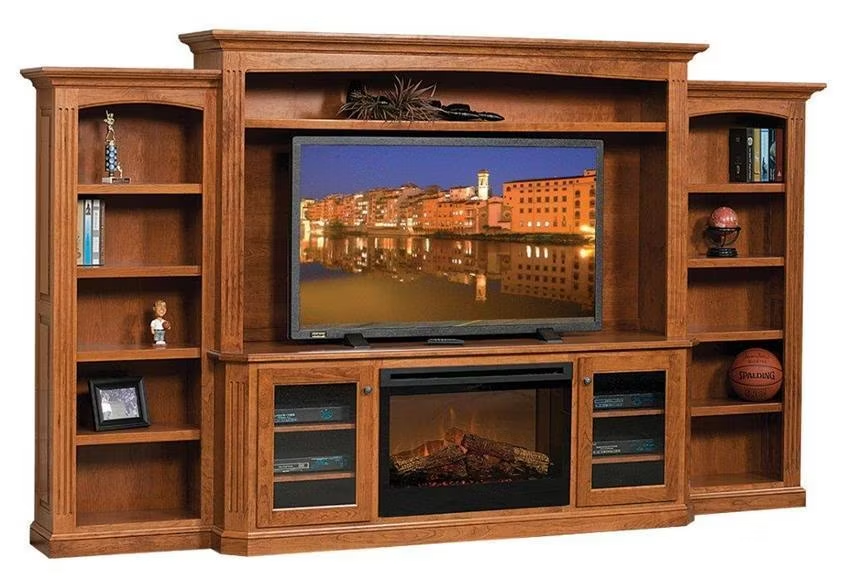 solid wood entertainment center with Dimplex electric fireplace insert