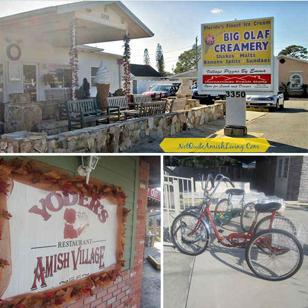 Photos of outside of Olaf's Creamery, the Yoder's Amish Village sign, and adult tricycles