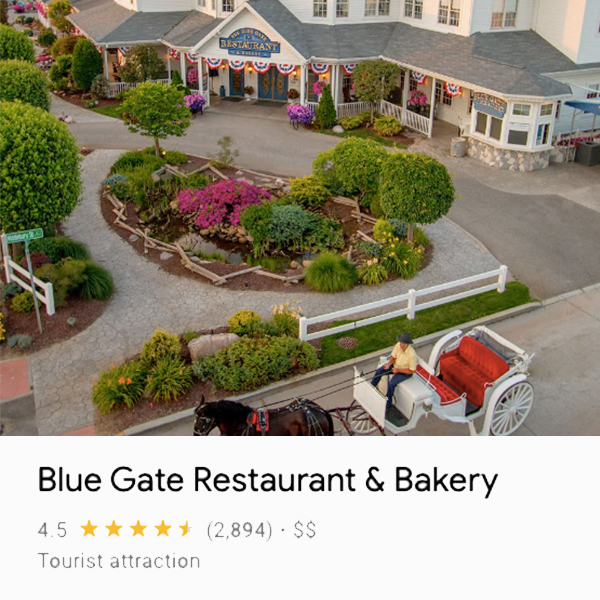 Overhead view Blue Gate building with a horse and buggy being driven in front. 