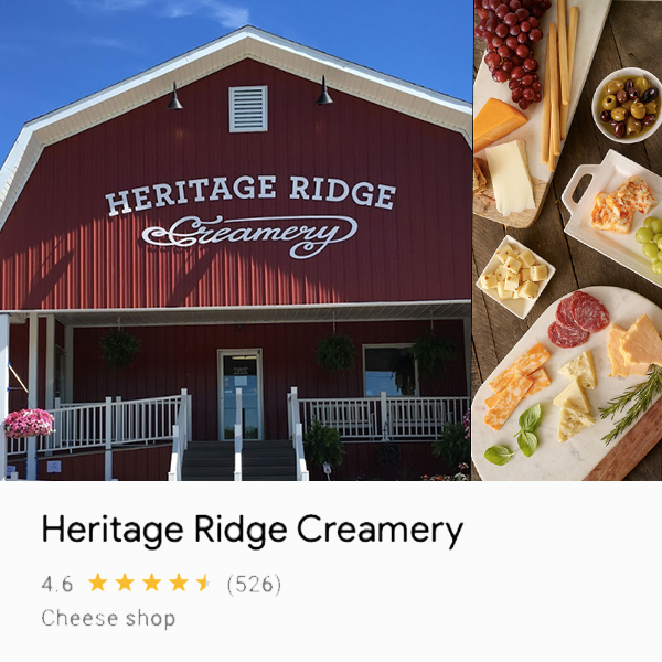 Photo of barn-looking front of Heritage Ridge Creamery building and pictures of different cheeses made by the creamery.