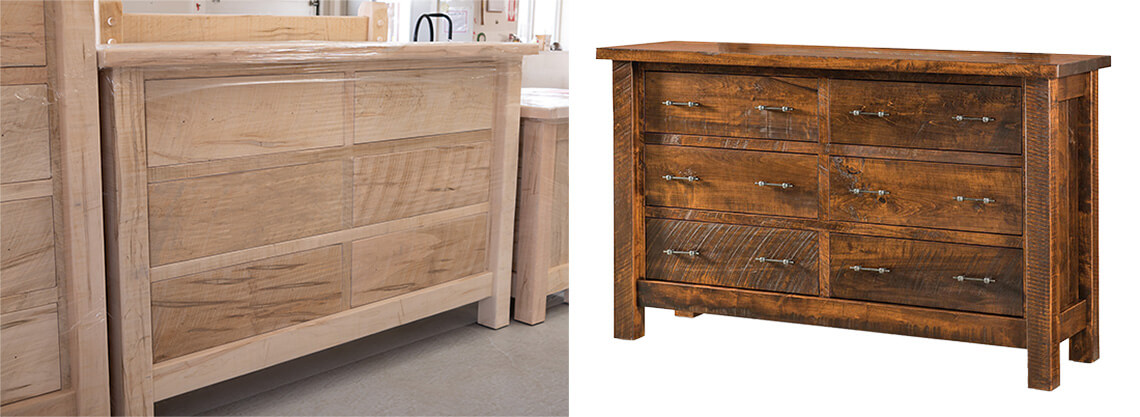 A Rough Sawn Dresser is pictured before and after finishing to illustrate the value of stains on Amish furniture