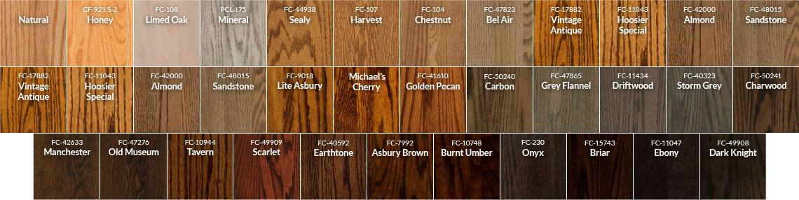 35 PCL Stain Colors are displayed on Oak Wood