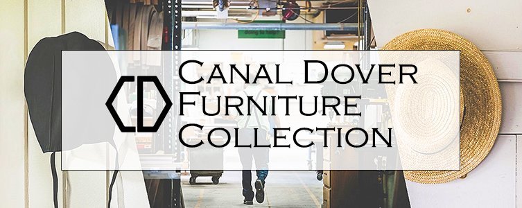 Canal Dover Furniture Collection banner with company logo. Background (From Left to right) Amish woman's Black bonnet on cream shiplap wall, Amish woodworker walking through the woodshop (pictured from behind), Amish Men's  straw hat  handing on cream shiplap wall. 