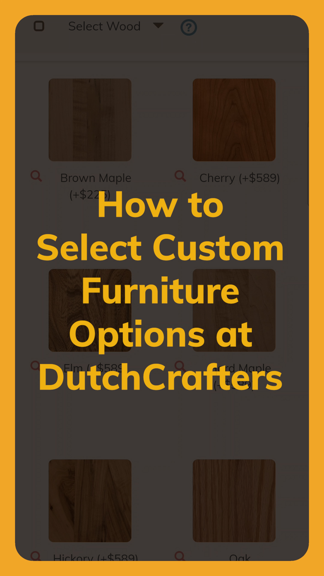 Video title reading, "How to Select Custom Furniture Options at DutchCrafters"