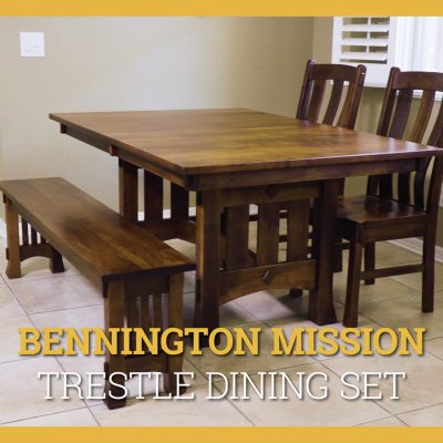 A dining set in a modern suburban home is topped with the title, "Bennington Mission Trestle Dining Set"