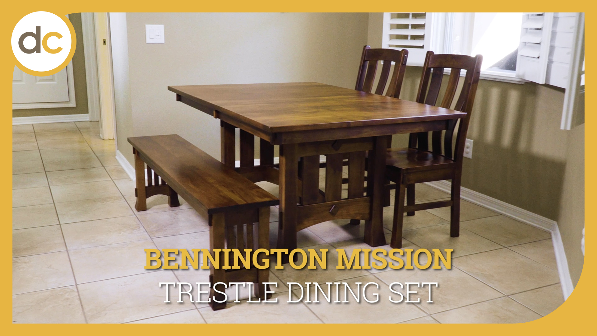A dining set in a modern suburban home is topped with the title, "Bennington Mission Trestle Dining Set"