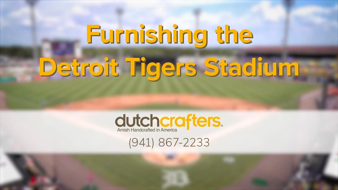 Video Title Image says Furnishing the Detroit Tigers Stadium, DutchCrafters, 941-867-2233