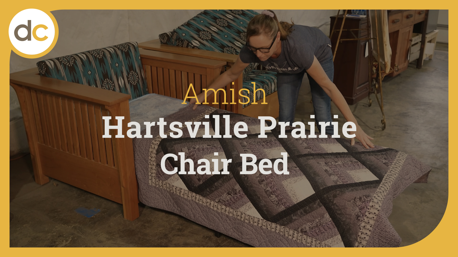 Video title image that says, "Amish Hartsville Prairie Chair Bed"