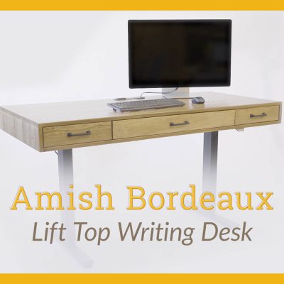 Video title saying Amish Bordeaux Lift Top Writing Desk over a photo of a desk on a white background and yellow border