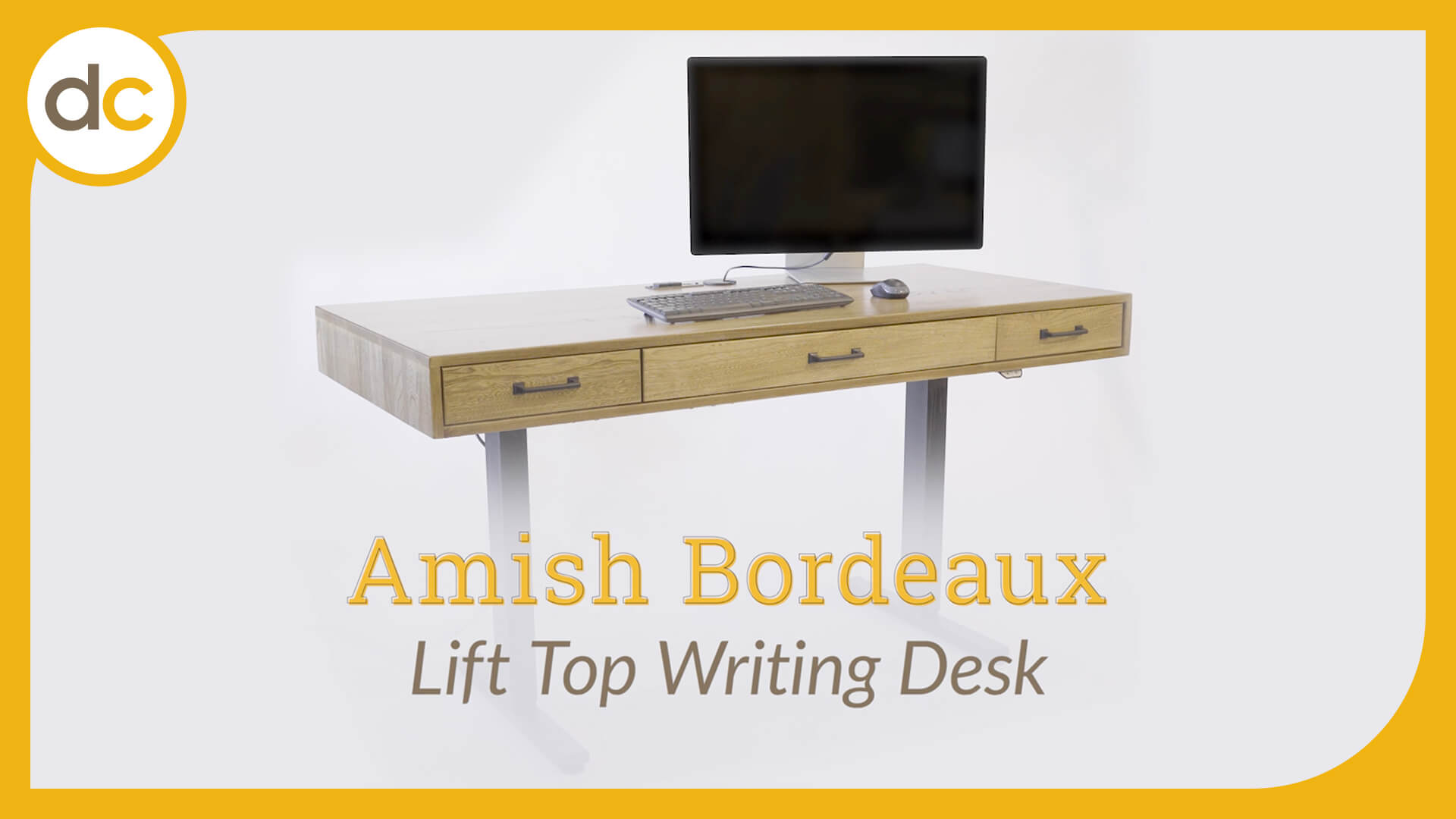 Video title saying Amish Bordeaux Lift Top Writing Desk over a photo of a desk on a white background and yellow border