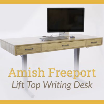 Video title image with the title Amish Freeport Lift Top Writing Desk over an image of the desk