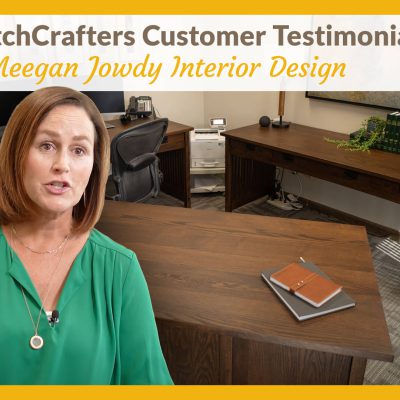 Video Title: DutchCrafters Customer Testimonial: Meegan Jowdy Interior Design with a photo of Meegan and an office full of desks