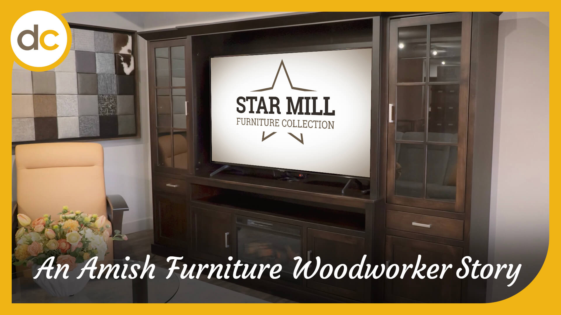 Video Title for Star Mill Furniture Collection, An Amish Furniture Woodworker Story featuring a large solid wood fireplace entertainment center