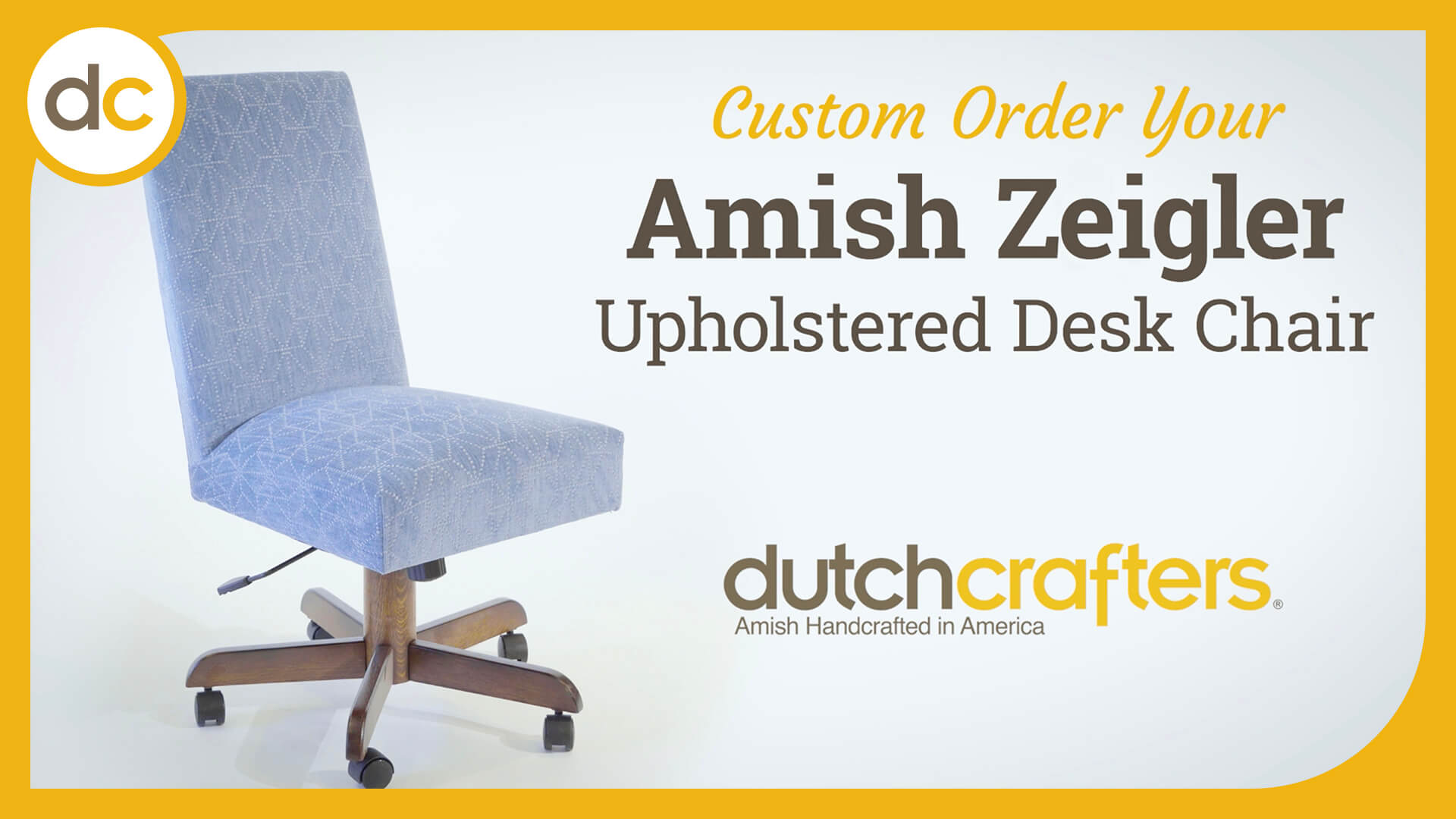 Video Title Thumbnail with a blue upholstered desk chair and the words Custom Order Your Amish Zeigler Upholstered Desk Chair