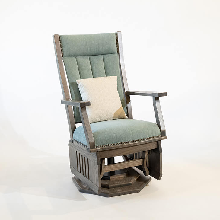 Mission Swivel Glider with teal fabric and gray stain on white backgorund