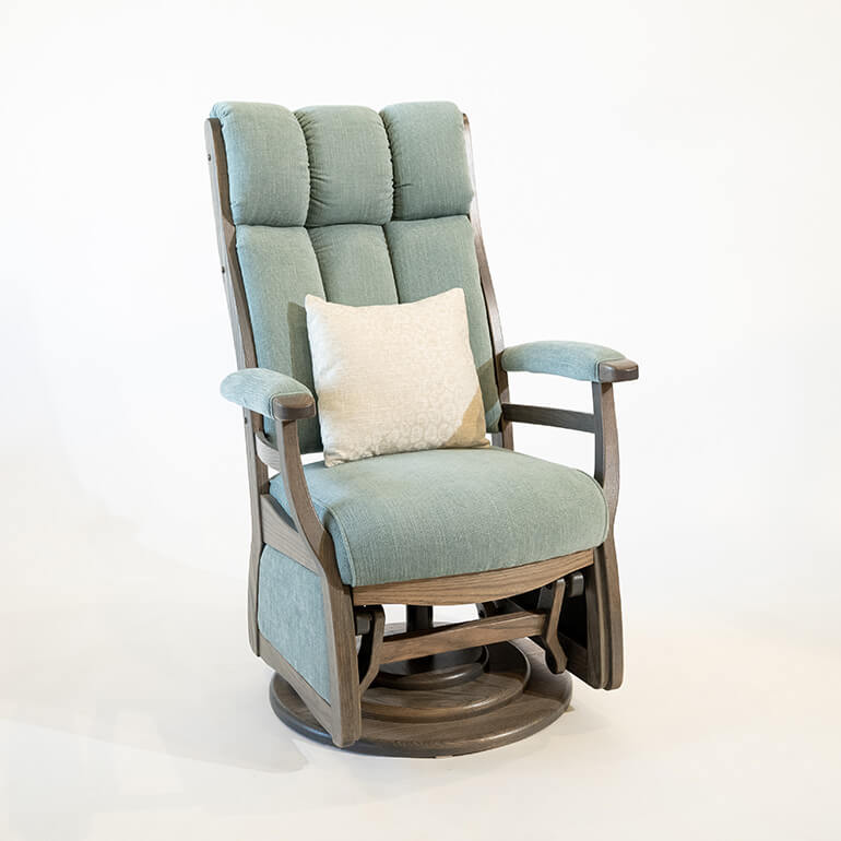 The Paris Swivel Glider with teal fabric and upholstered armrests and gray wood sits on a white background