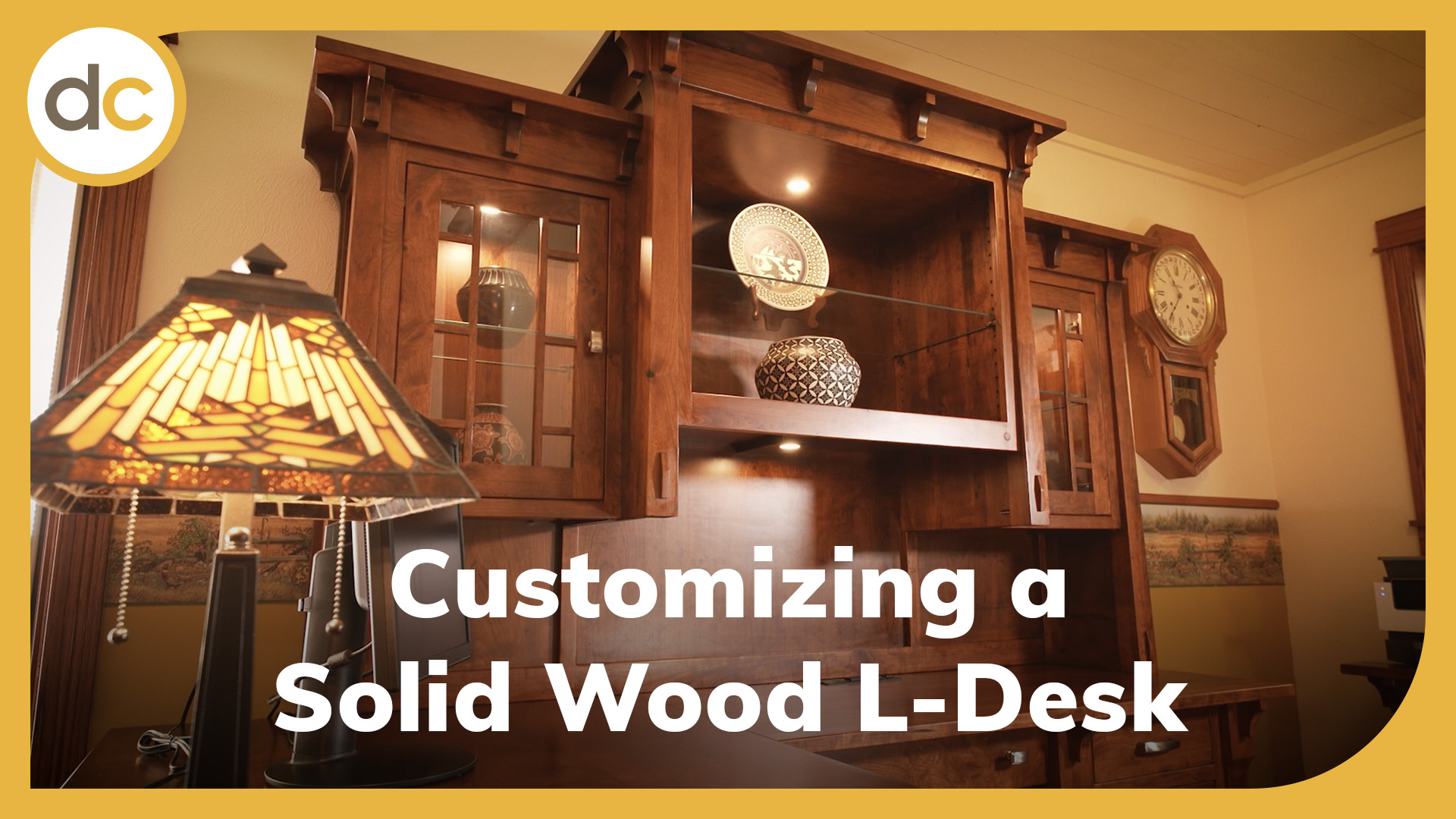 A Desk and Hutch background with the title "Customizing a Solid Wood L-Desk"