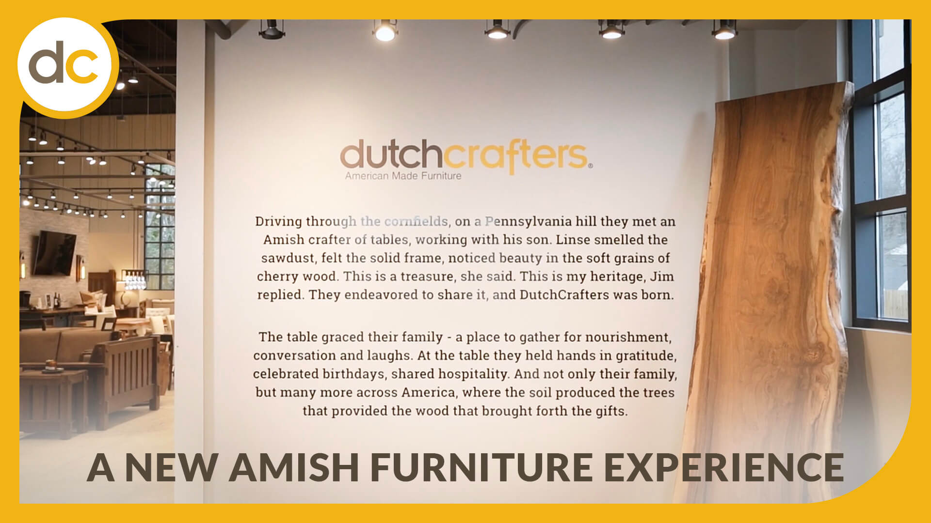 The welcome wall of the DutchCrafters Amish furniture showroom in Alpharetta, Georgia, paired with the title A New Amish Furniture Experience