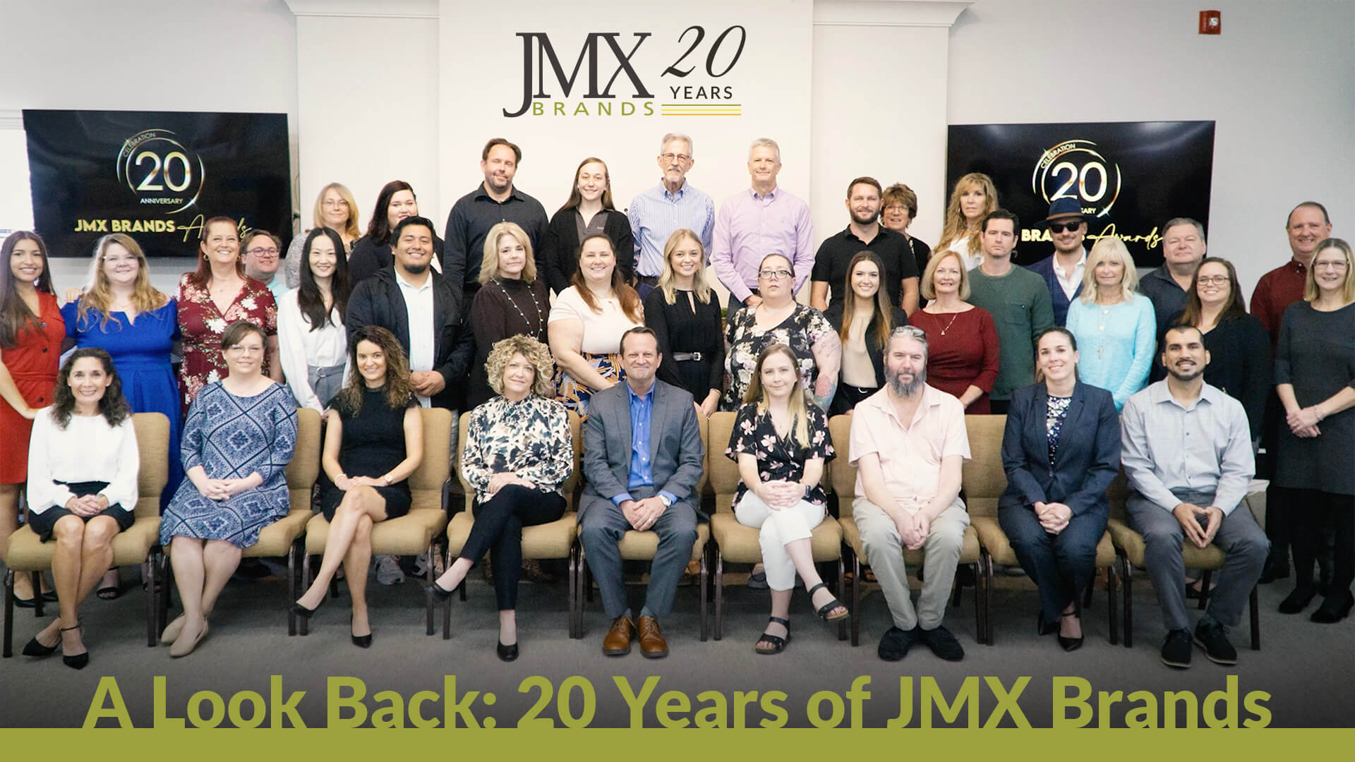 a group photo of JMX Brands employees with the title "A Look Back: 20 Years of JMX Brands"