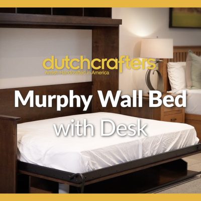 Amish Horizontal Murphy Wall Bed with Desk video title over a photo of the murphy bed