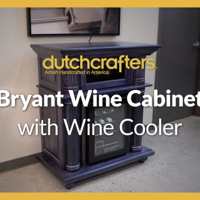 A blue stained wine cabinet and wine fridge topped by the title, "Bryant Wine Cabinet with Wine Cooler"