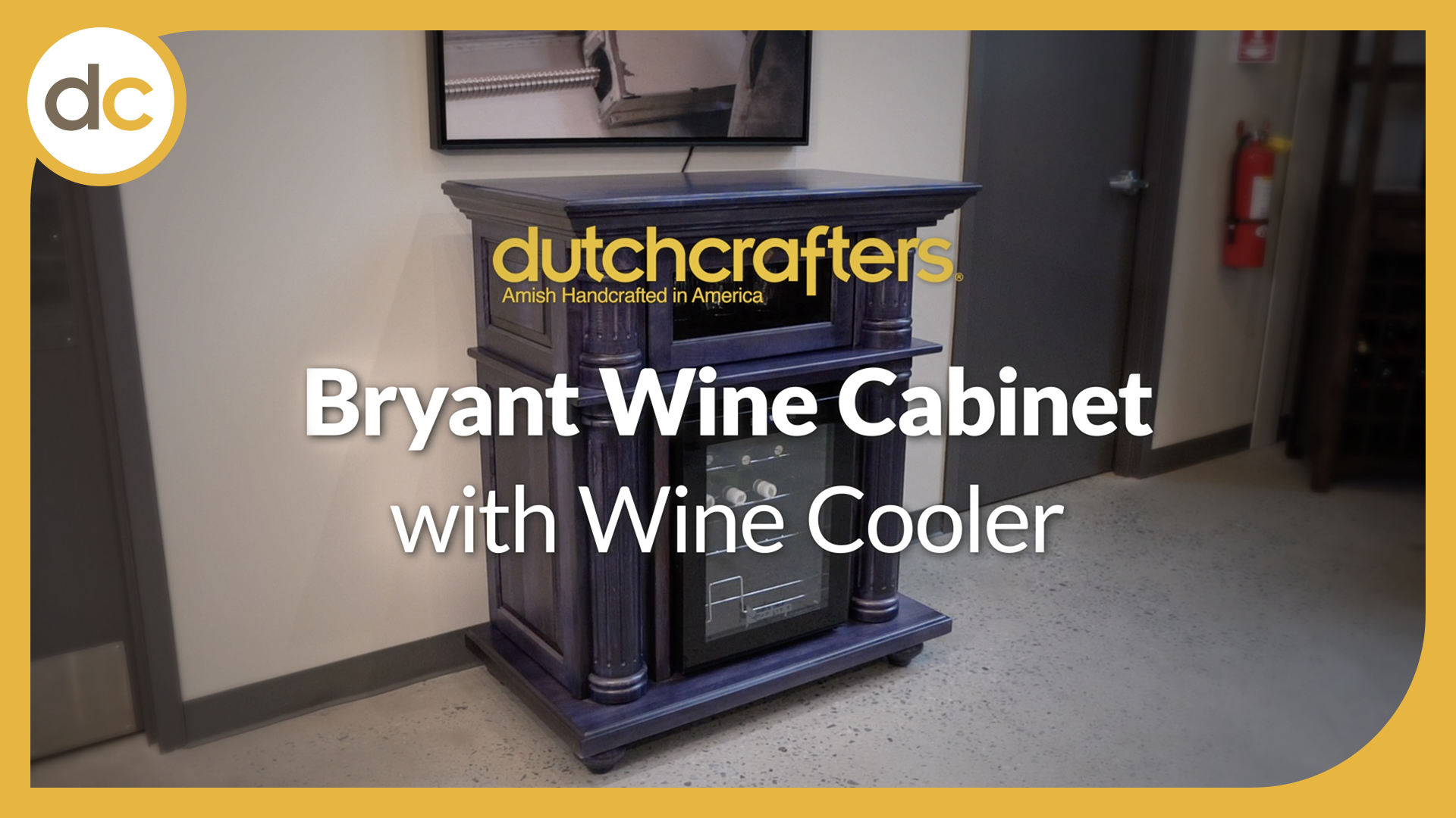 A blue stained wine cabinet and wine fridge topped by the title, "Bryant Wine Cabinet with Wine Cooler"