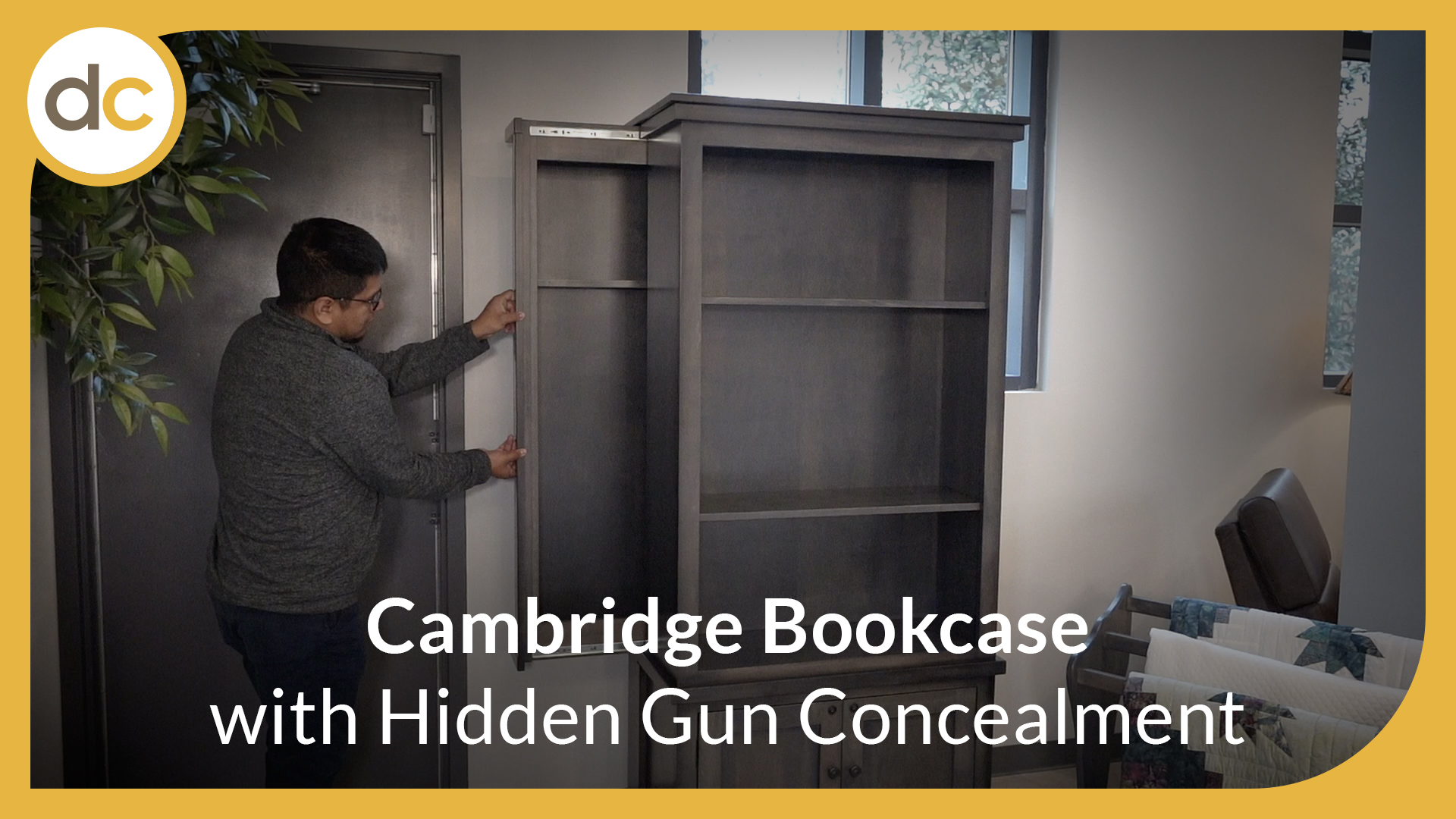 Hidden gun storage is opened while a title says, "Cambridge Bookcase with Hidden Gun Concealment