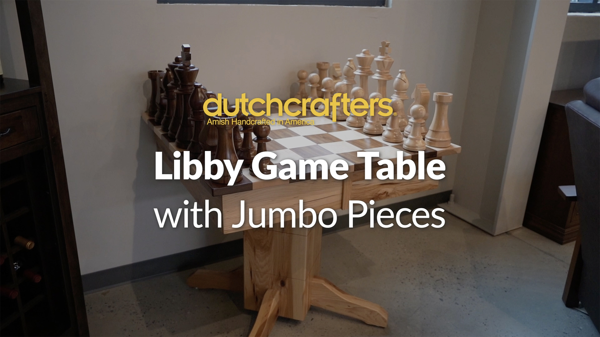A solid wood game table is topped with the title, "DutchCrafters Libby Game Table with Jumbo Pieces"