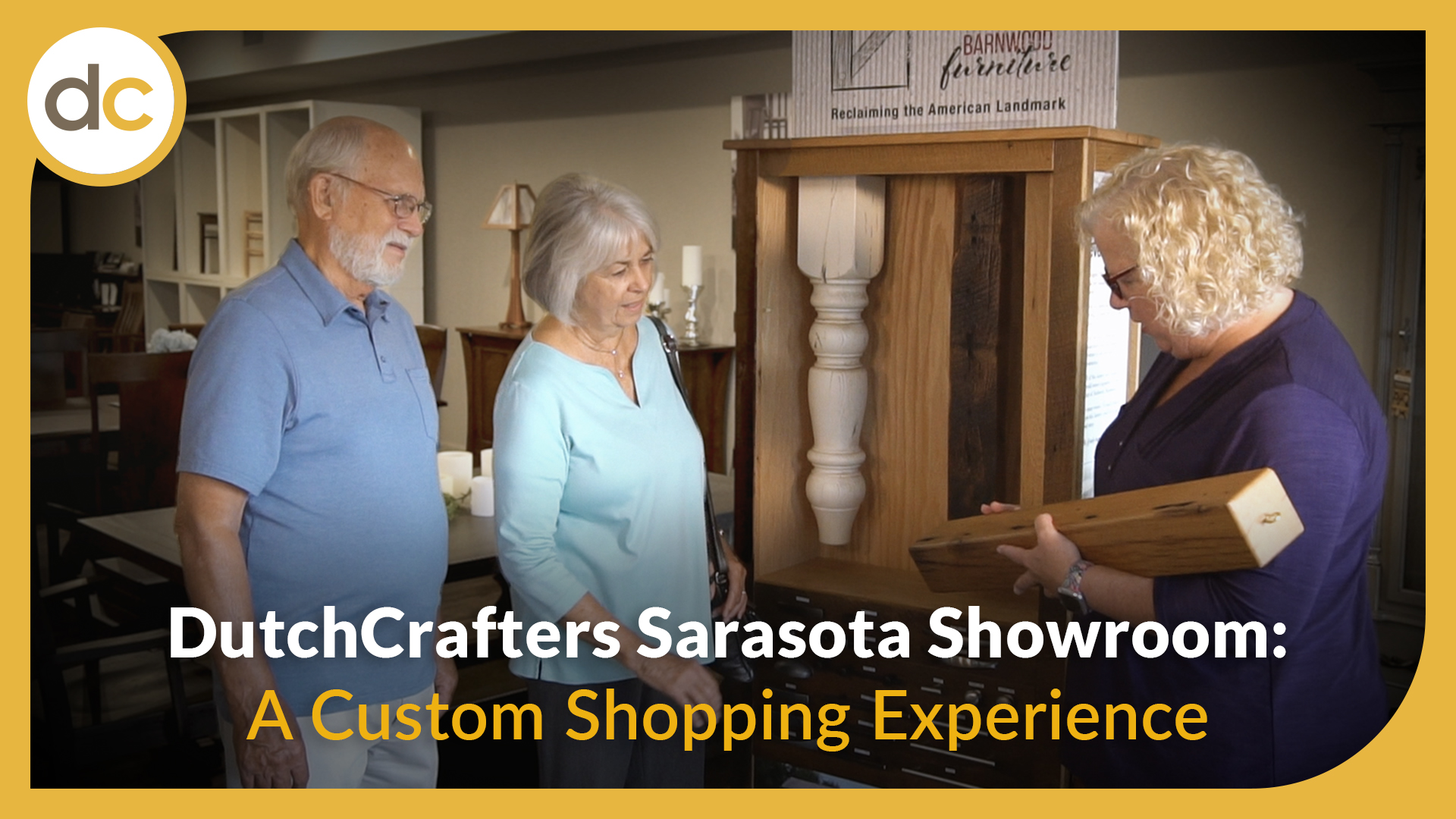 Image shows two shoppers viewing table legs with a furniture specialist, with the title, "DutchCrafters Sarasota Showroom: A Custom Shopping Experience"