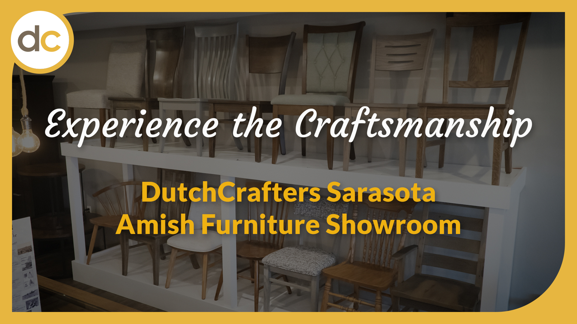 Experience the Craftsmanship at DutchCrafters Sarasota Amish Furniture Showroom, displayed as text over a image of a dining chair display