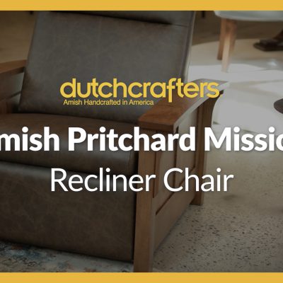 Video titles says, "DutchCrafters Amish Pritchard Mission Recliner Chair" over an image of a solid wood recliner