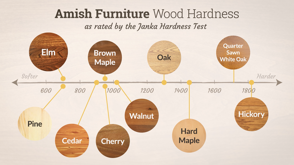 Amish Furniture Wood Hardness Chart Based on the Janka Hardness Test